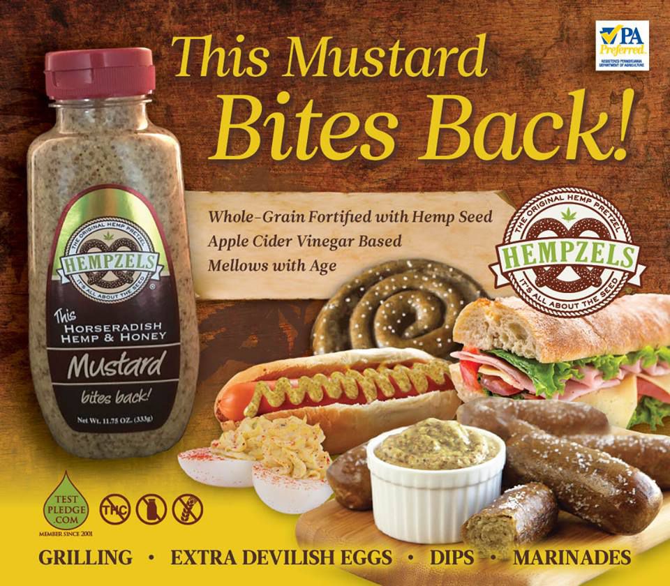 Bottle of Horseradish Mustard on hot dogs, sandwiches, deviled eggs and soft pretzels.