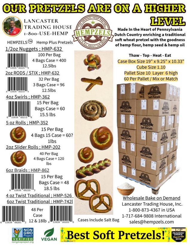 Spec sheet for high protein soft pretzels barcoded by bag, case or pallet click through