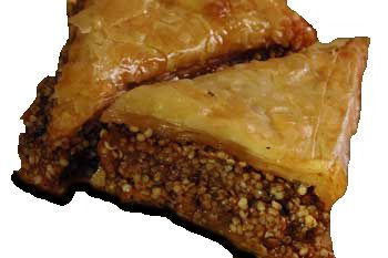 Two slices of hemp seed Baklava with hemp hearts showing in brown syrup.