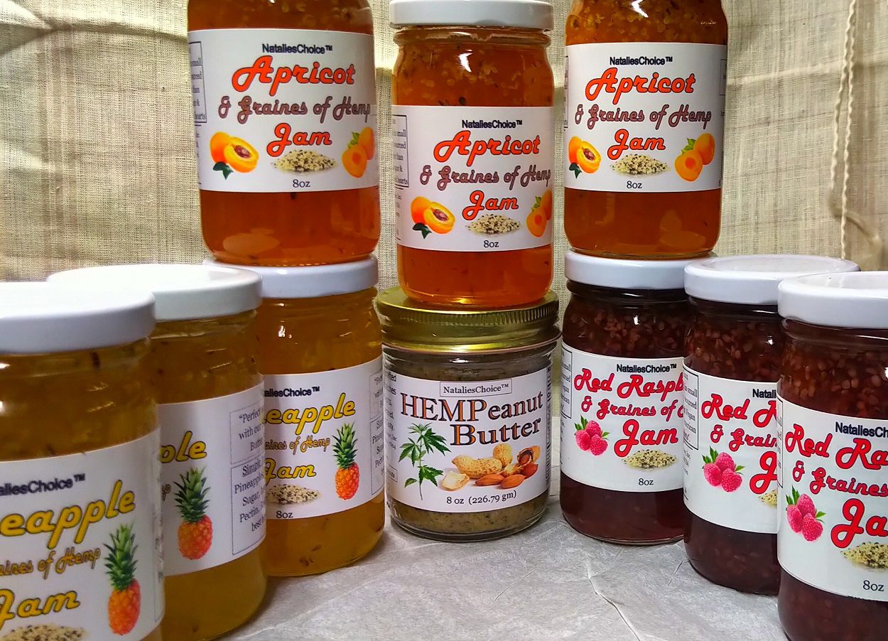 8 jars of assorted Hemp Jam, Apricot, Raspberry & Pineapple with one jar of Hempeanut butte