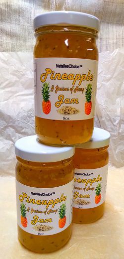 Three jars two bottom one on top bright yellow orange pineapple hemp jam jars.
