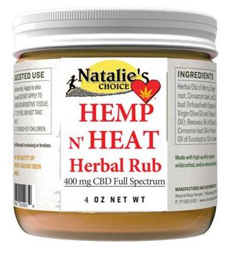 Jar of Hemp N Heat Herbal Rub with white label white lid & deep red ingredients.