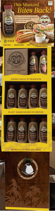 Yellow Display with 3 layers of stacked mustard bottles with brown base point of purchase display.