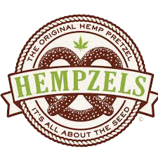 Pretzel with Hempzels banner in front hemp leaf on top & hemp rope rings it all, Hempzels Corporate Logo.