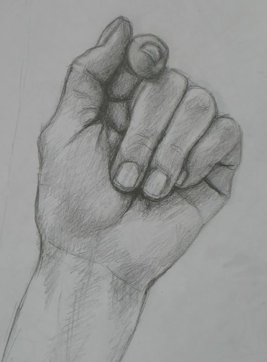 Charcoal image of hand with middle finger and pointer finger and pinky in towards palm.