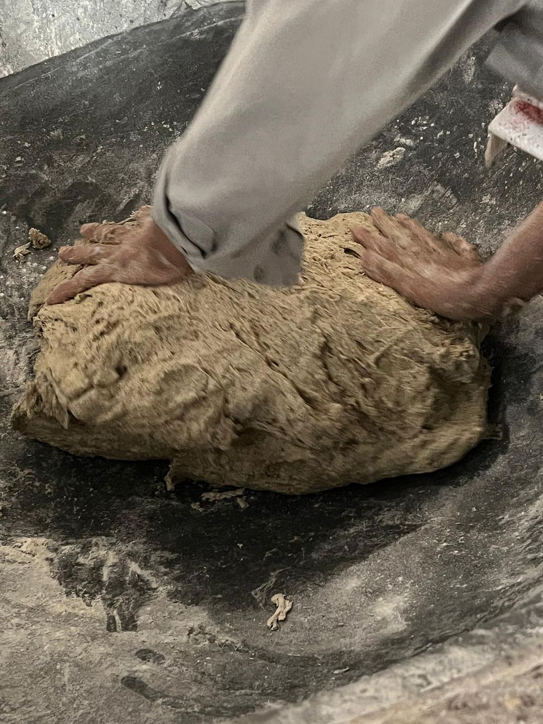 two hands working hemp flour in a giant bowl to prepare for baking