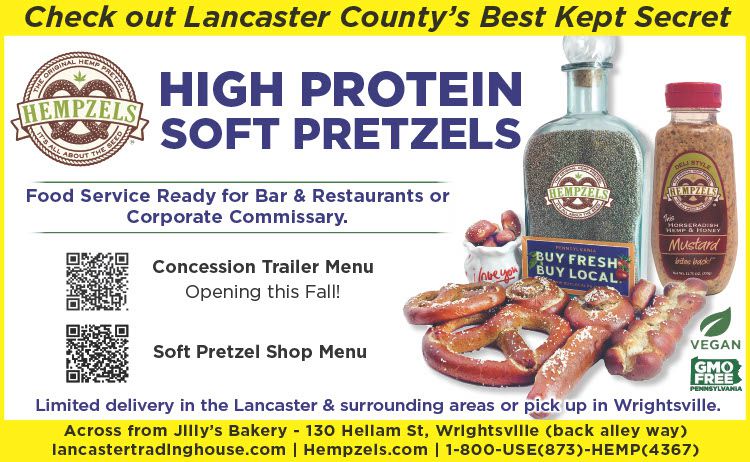 Soft Pretzel salted will line up in front of Hemp Seed Glass Jar & Mustard, Advertisement with QR codes.