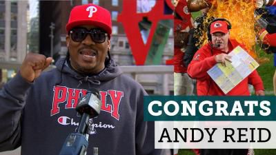 Philly Fan congratulating image of Andy Ried after winning the super bowl