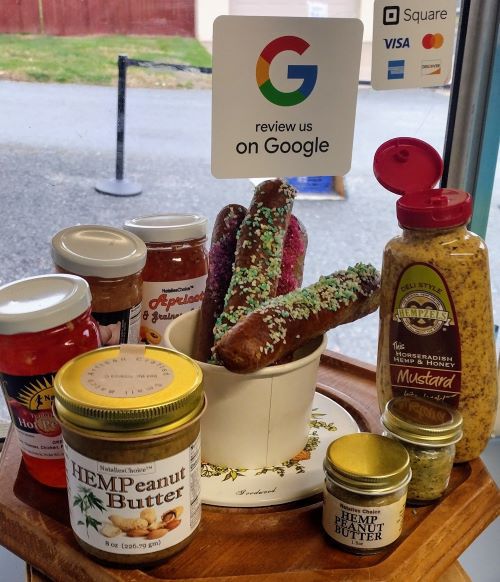 Wrightsville location for Hempzels(tm) Retail direct offering soft pretzel stix, mustard, condiments, Hemp Peanut Butter and jams.