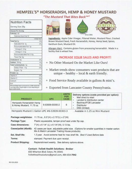 Back Information sheet with bottle of Hempzels Mustard, bottle of Gallon Mustard & specs for cases.