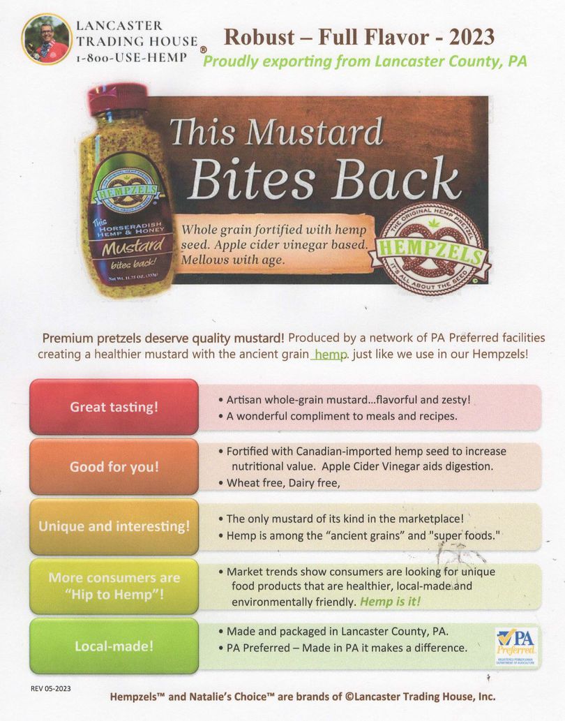 Chef Sheet for Mustard 1 bottle with multi color highlights of the benefits of our horseradish mustard.