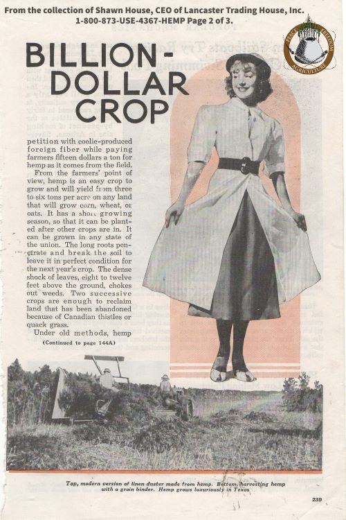 Woman holding dress in black & white photo above the farmer in his hempfield page 239 from Popular Mechanics Feb 1938 Billion Dollar Crop