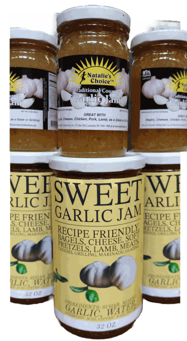 Yellow label with 2 large garlic cloves & leaves, created for 32oz Sweet Garlic Jam label.