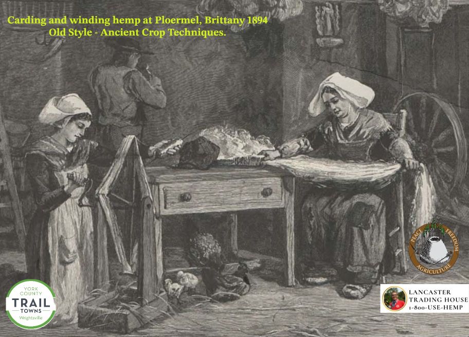 Black and white engraving of mother carding hemp fibers, daughter winding them and husband in background in room processing hemp.