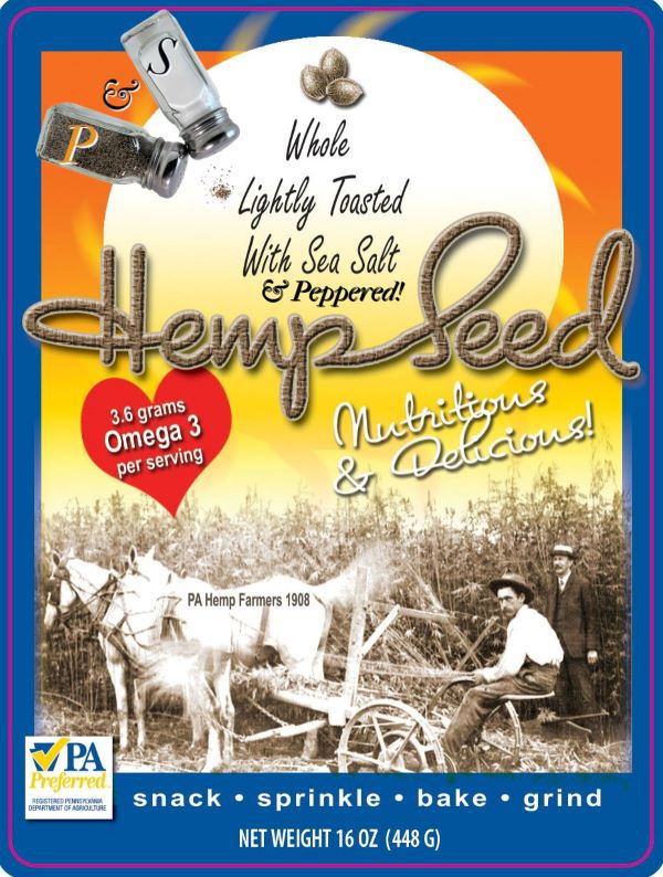 Hemp Field with sun behind it while horses pull a hemp cutter with driver and business man standing - hemp seed label.