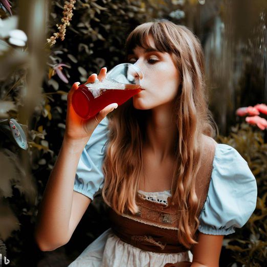 painting of young woman drinking kombucha from glass in a garden