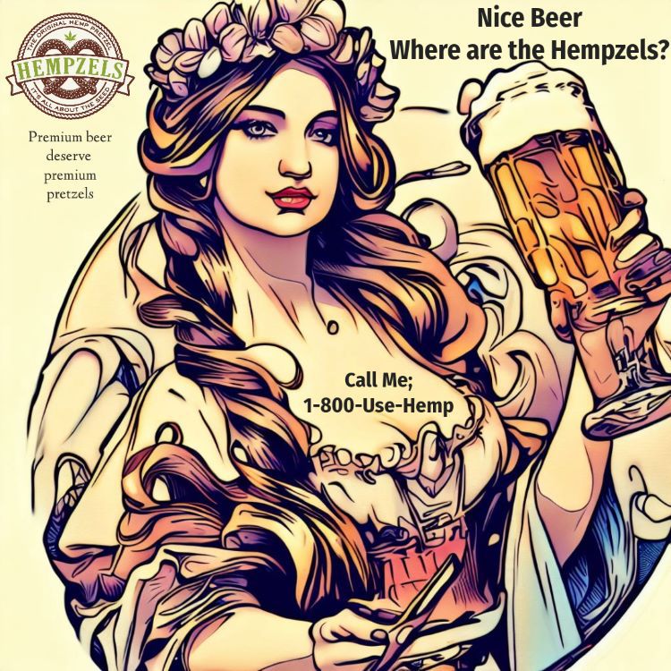 Mucho Style drawing image of woman hoisting large beverage pretzel logo in upper left hand corner.