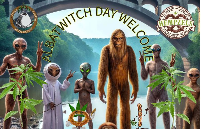 background image of a monster an albatwitch over a soft pretzel with a Hempzels logo on it.