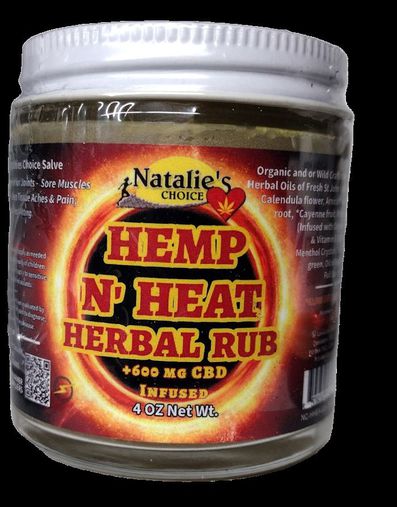 Jar of Hemp N Heat Herbal Rub with white label white lid & deep red ingredients.