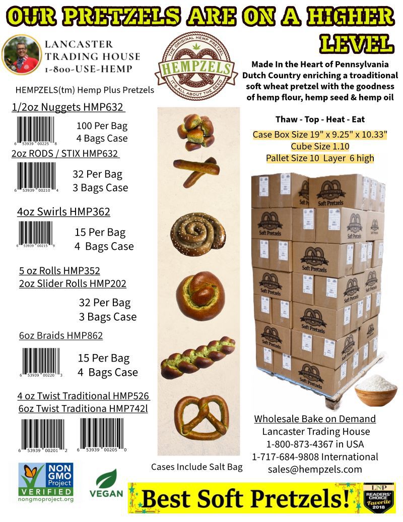 Cases of frozen soft hemp pretzel stix ready for food service brown cardboard boxes labeled.