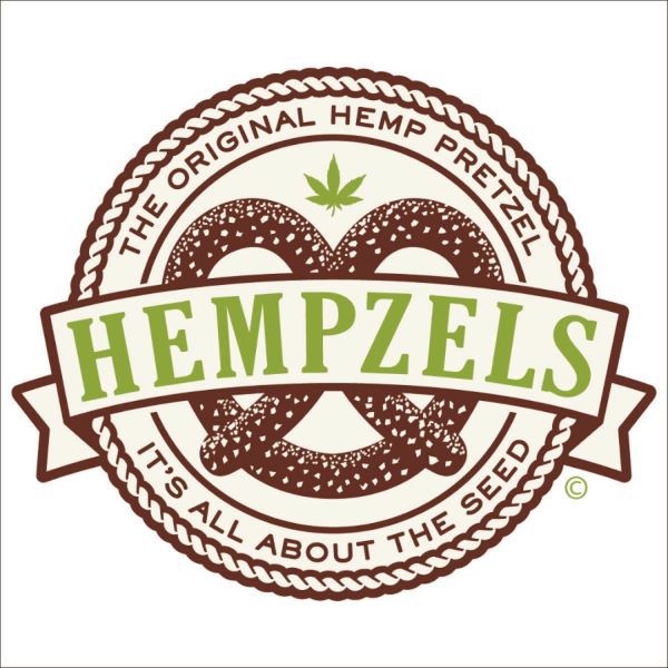 Hempzels The Original Hemp Pretzels updated Company Logo surrounded by hemp rope is a giant pretzels with a small industrial hemp leaf in the twist and the Banner of Hempzels protecting the Pretzel