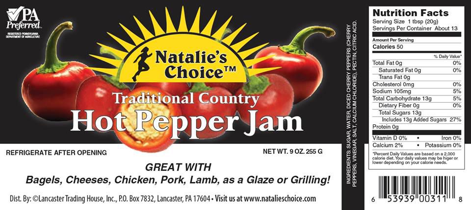 Label for Hot Pepper Jam 4 cherry peppers with NataliesChoice woman running under the sun.
