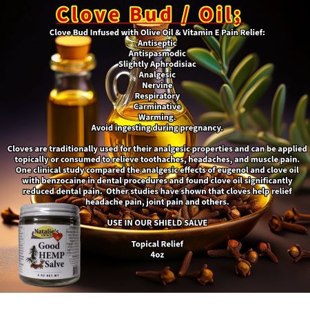 Clove oil, bud and oil and leaf pictured with NataliesChoice products for topical & deep tissue relief
