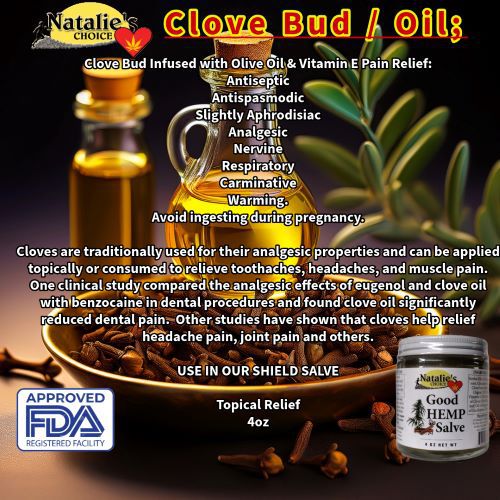 Clove oil, bud and oil and leaf pictured with NataliesChoice products for topical & deep tissue relief