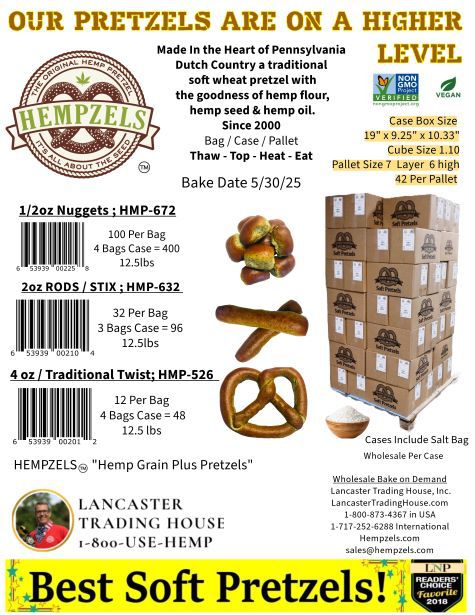 Food service ready, bars, restaurants, venues, festivals, clubs, amvets, legions, resellers. Our Pretzels Are On A Higher Level, soft pretzel pallet spec sheet with UPC barcodes GTIN numbers