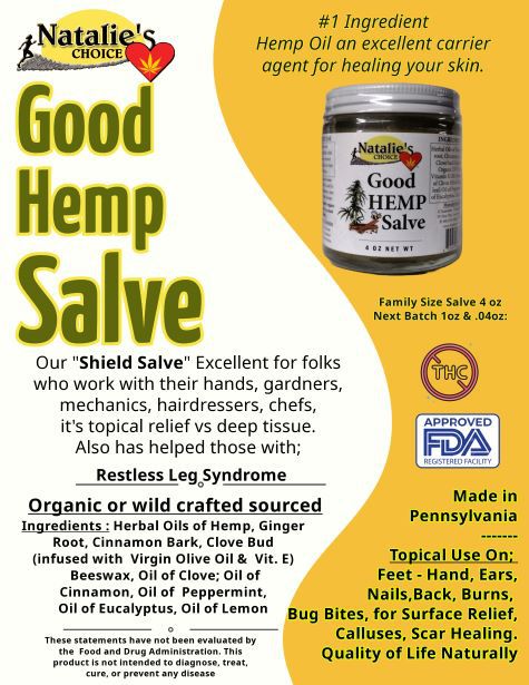 Good hemp Salve in a 4oz jar for restless leg syndrome, hemp first topical relief and restoration.