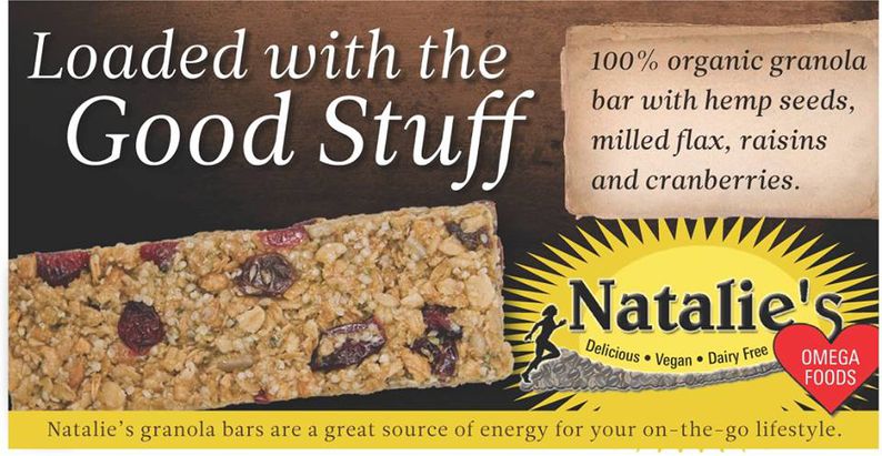 Hemp Seed Granola bar with NataliesChoice logo done in browns, gold, white and yellow.