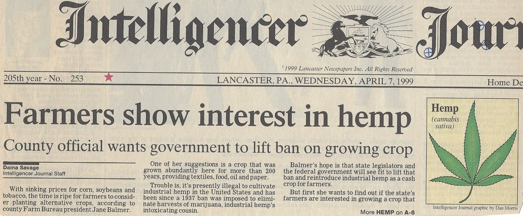 Headline of the Lancaster Newspaper with giant hemp leaf & farmers in 1999 showing interest.