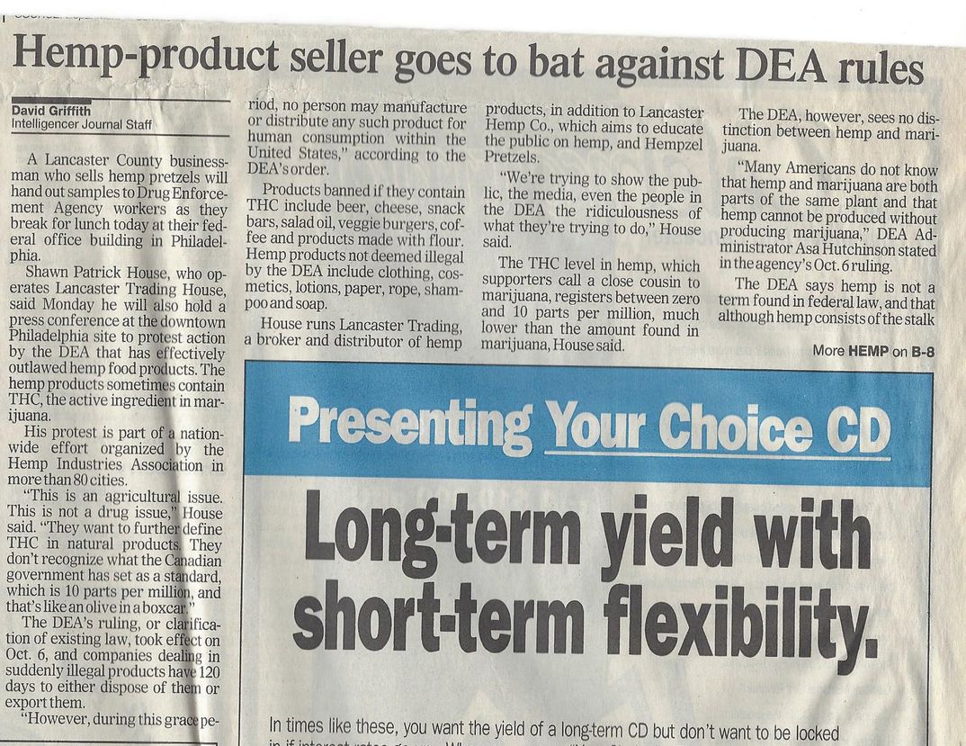 Lancaster Newspaper article Hemp-prodct seller goes to bat against DEA rules