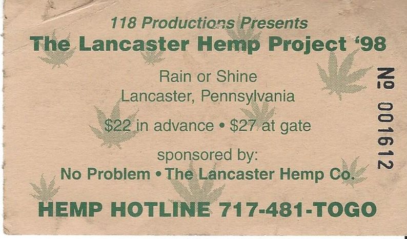 Ticket for the Lancaster Hemp Project '98 brown paper with green ink.