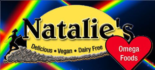 NataliesChoice Brand label of girl running on hemp seed in sunrise but black background & rainbow.