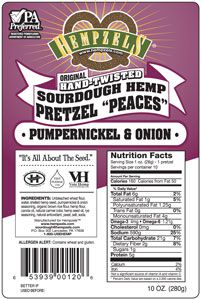 Purple, black and white label of Pumpernickel & Onion Sourdough Hempzel Pretzels