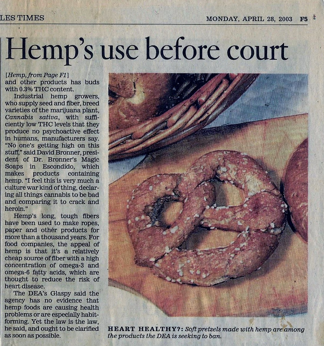 Color scanned image of Los Angeles time article showing our Hemp Sourdough Hard Pretzel on piel.