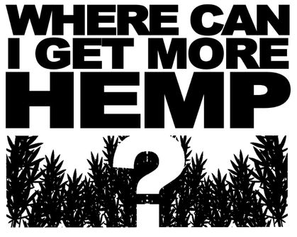 Black and white graphic of question mark where can i get more hemp, field in background.