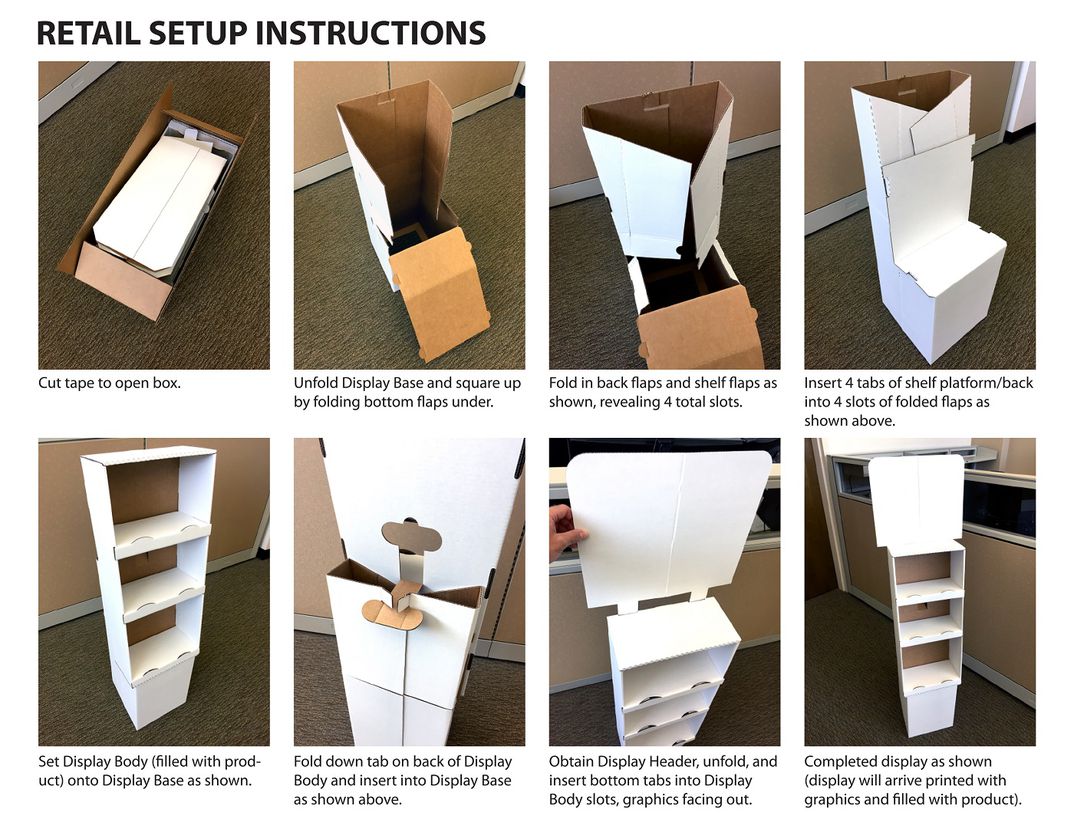 Instruction sheet showing stages of setting up point of purchase display for Hempzels Mustard or Seed.