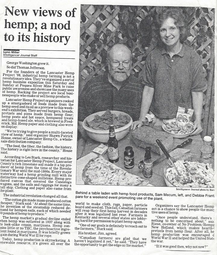 Owners Debbie Franz & Sam Mecum in the Lancaster Newspaper next to Hempzels & hemp snacks.