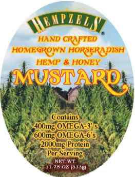 Hempzels Mustard Label with hempfields in front & barn in back.