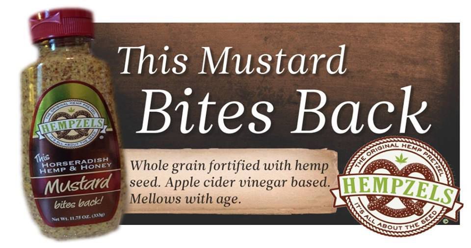 Color Illustration and photo of Our Mustard That Bites Back Hempzels Mustard with corporate logo