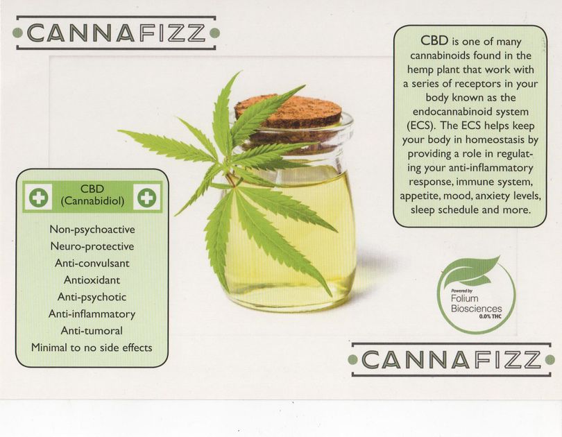 Postcard of Cannafizz with image of jar & hemp leaf and questions about CBD