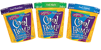 3 Containers of colorful pint size CoolHemp Ice cream flavors.