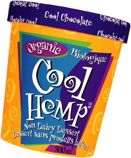 CoolHemp(tm) dairy free ice cream container with purple lid & orange bottom, organic, non dairy.